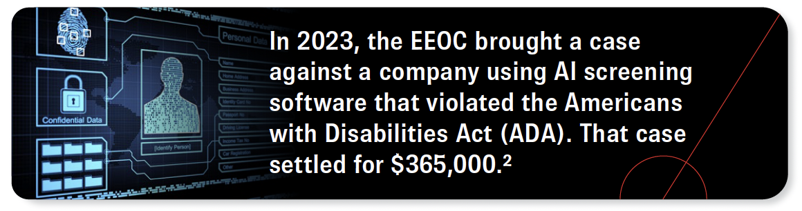 In 2023, the EEOC brought a case against a company using AI screening software that violated the Americans with Disabilities Act (ADA). That case settled for $365,000. Source 2.
