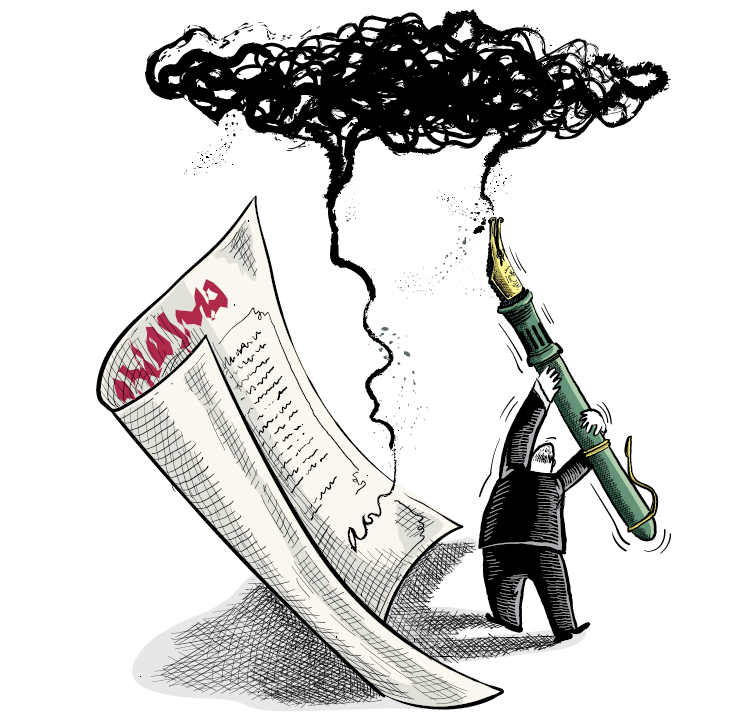 Man holding large pen with ink going to a cloud that is signing a contract.