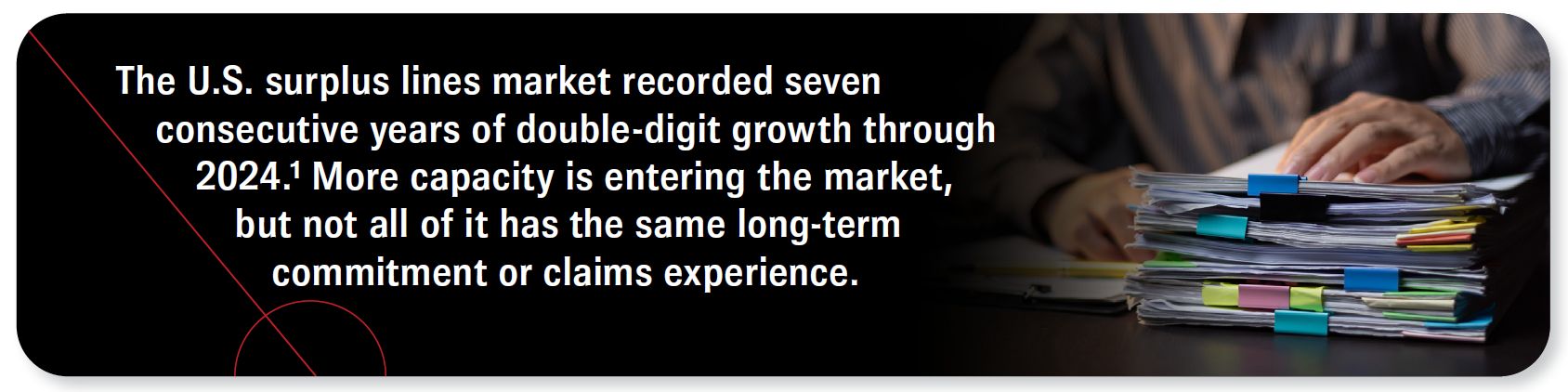 The U.S. surplus lines market recorded seven consecutive years of double-digit growth through 2024. Source 1. More capacity is entering the market, but not all of it has the same long-term commitment or claims experience.