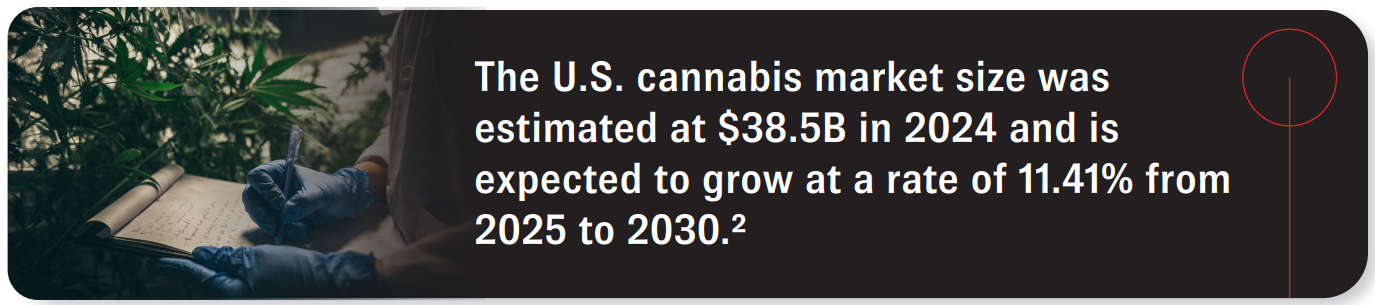 The U.S. cannabis market size was estimated at $38.5B in 2024 and is expected to grow at a rate of 11.41% from 2025 to 2030. Source 2.